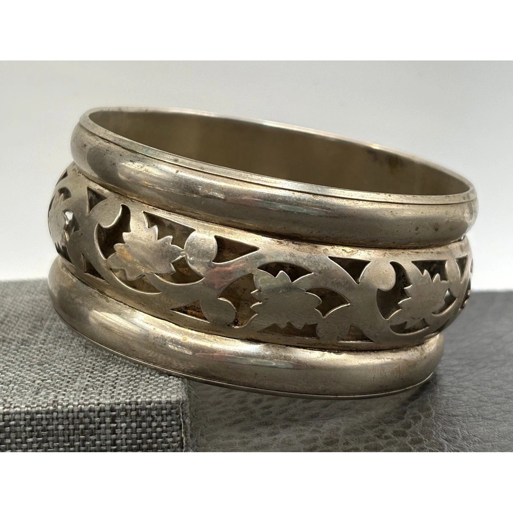 Vintage Boho Ethnic Silver Tone Bracelet Reticulated Floral Wide Band 8.25"